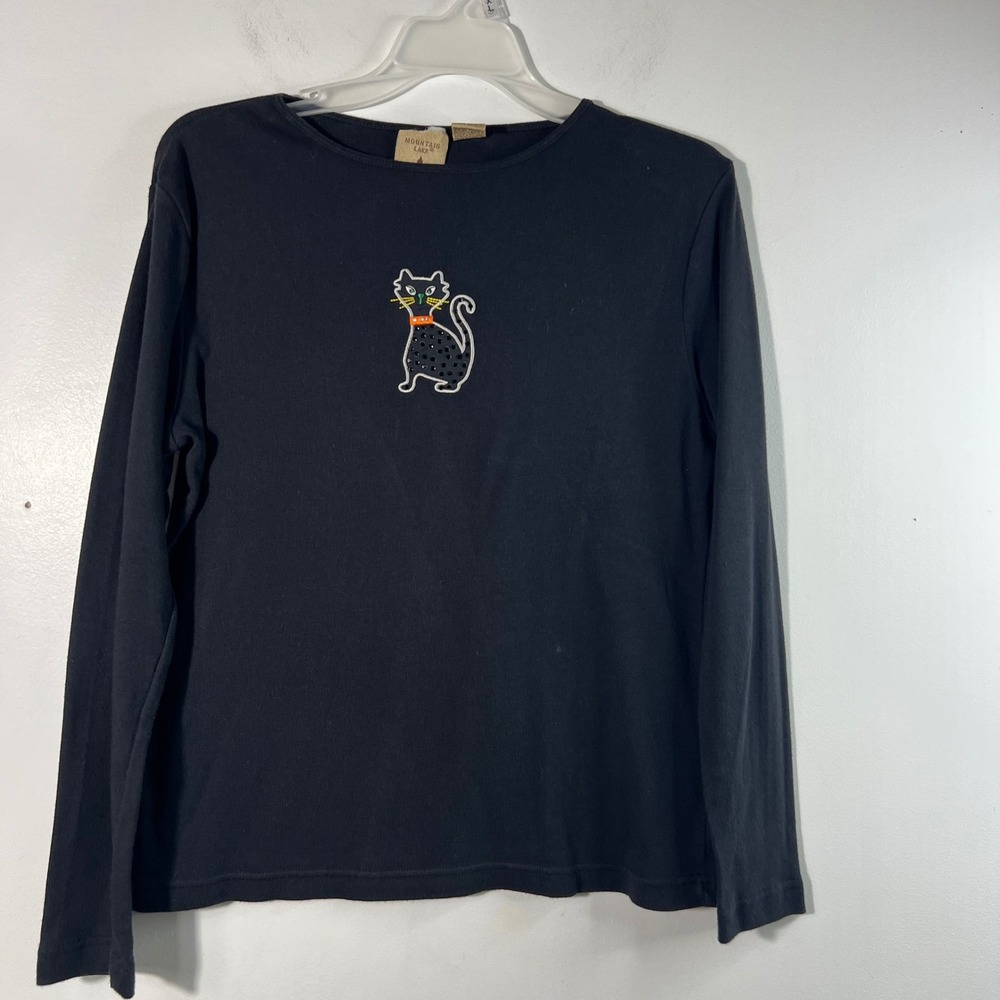 Womens Mountain Lake Tee Shirt Glitter Bead Cat Detail 3/4 Tee Black S Cotton